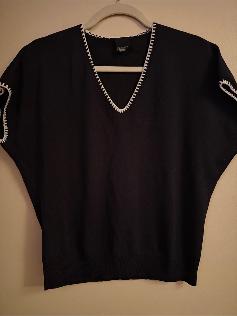 Black V-Neck Cap Sleeve Top with White Trim